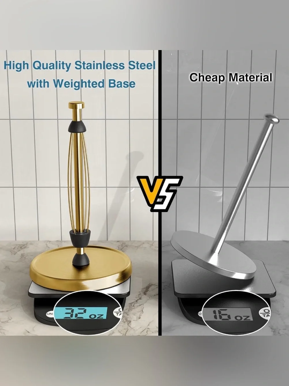 Paper Towel Holder Countertop, Gold Kitchen Accessories Decor, Stainless Steel